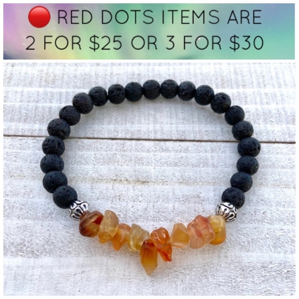 🔴 Carnelian bead bracelet . Genuine orange carnelian gemstones black lava rock